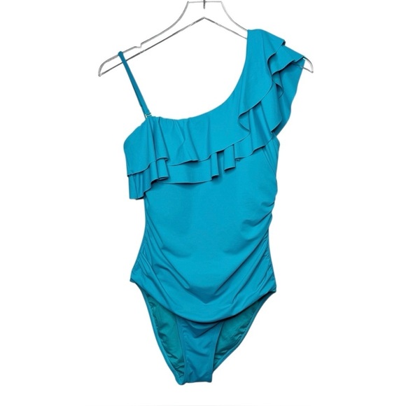 Tahari Other - NEW Tahari Teal Blue One Shoulder Ruffle Women’s One piece Swinsuit Sz 6